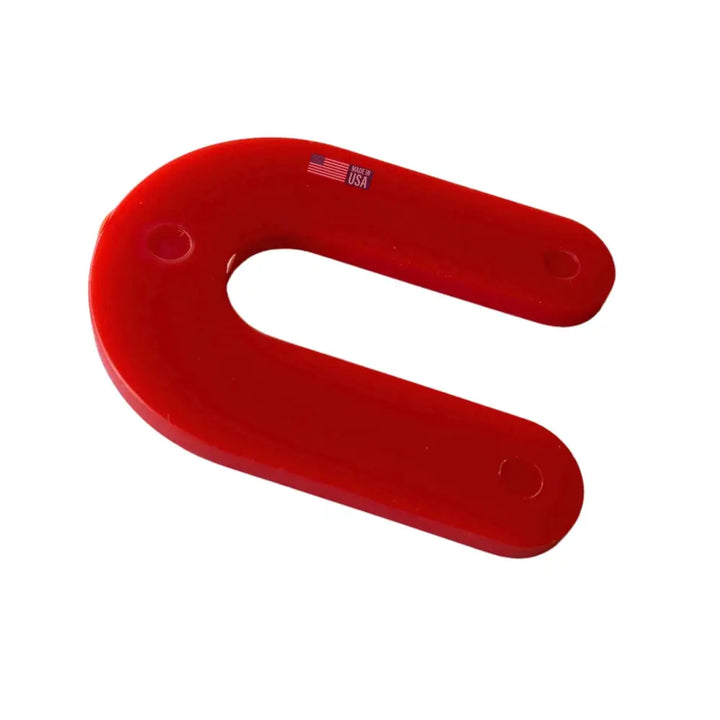 Bright red glazelock compact u-shaped plastic shims with three holes and a glossy finish 2 by 1.5 inches