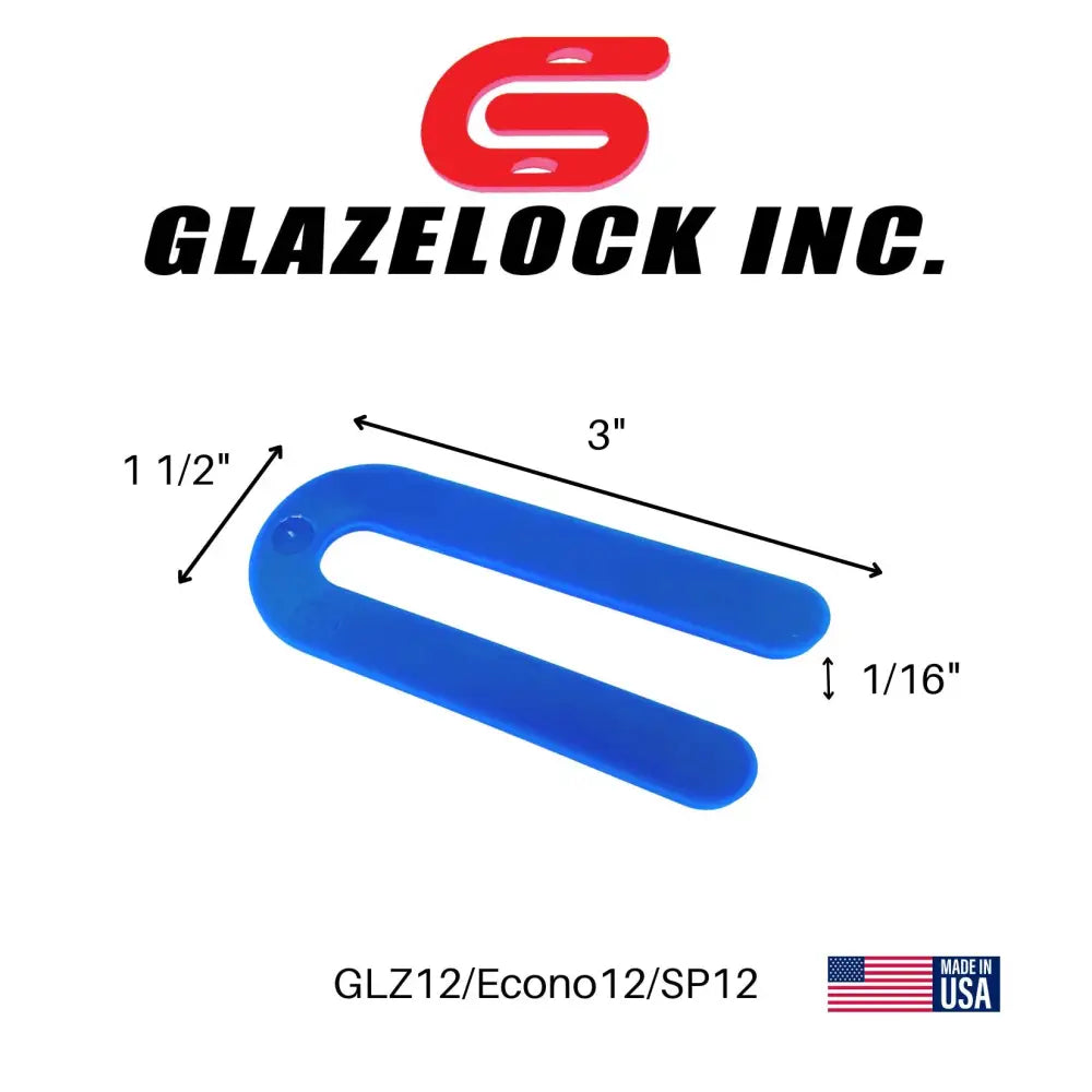 Blue plastic extended u-shaped horseshoe shim from glazelock inc measuring 3-1/2 x 1-1/2 with 1/2 slot
