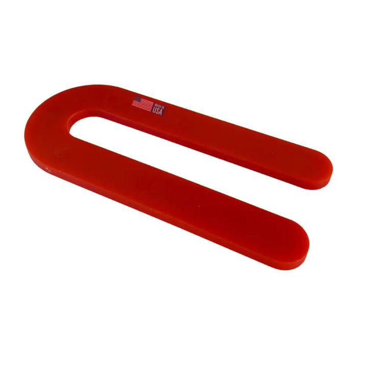 Red u-shaped plastic glazelock shims with made in usa label for extended horseshoe shim use 3-1/2 x 1-1/2 inches