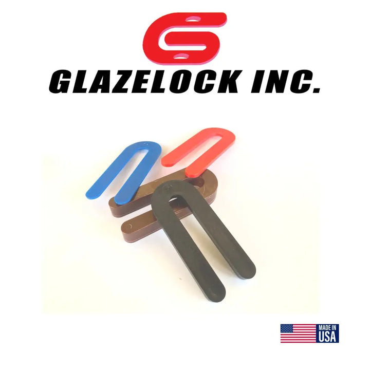 Assorted colors and thicknesses of glazelock shims U-shaped extended horseshoe 3-1/2 by 1-1/2 inch with 1/2 inch slot