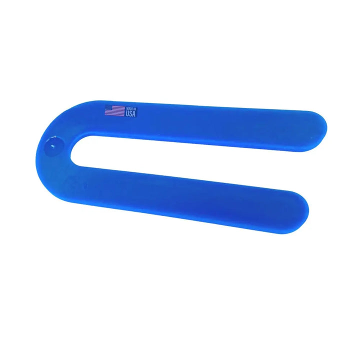 Bright blue silicone glazelock extended u-shaped horseshoe shims with made in usa label and american flag emblem