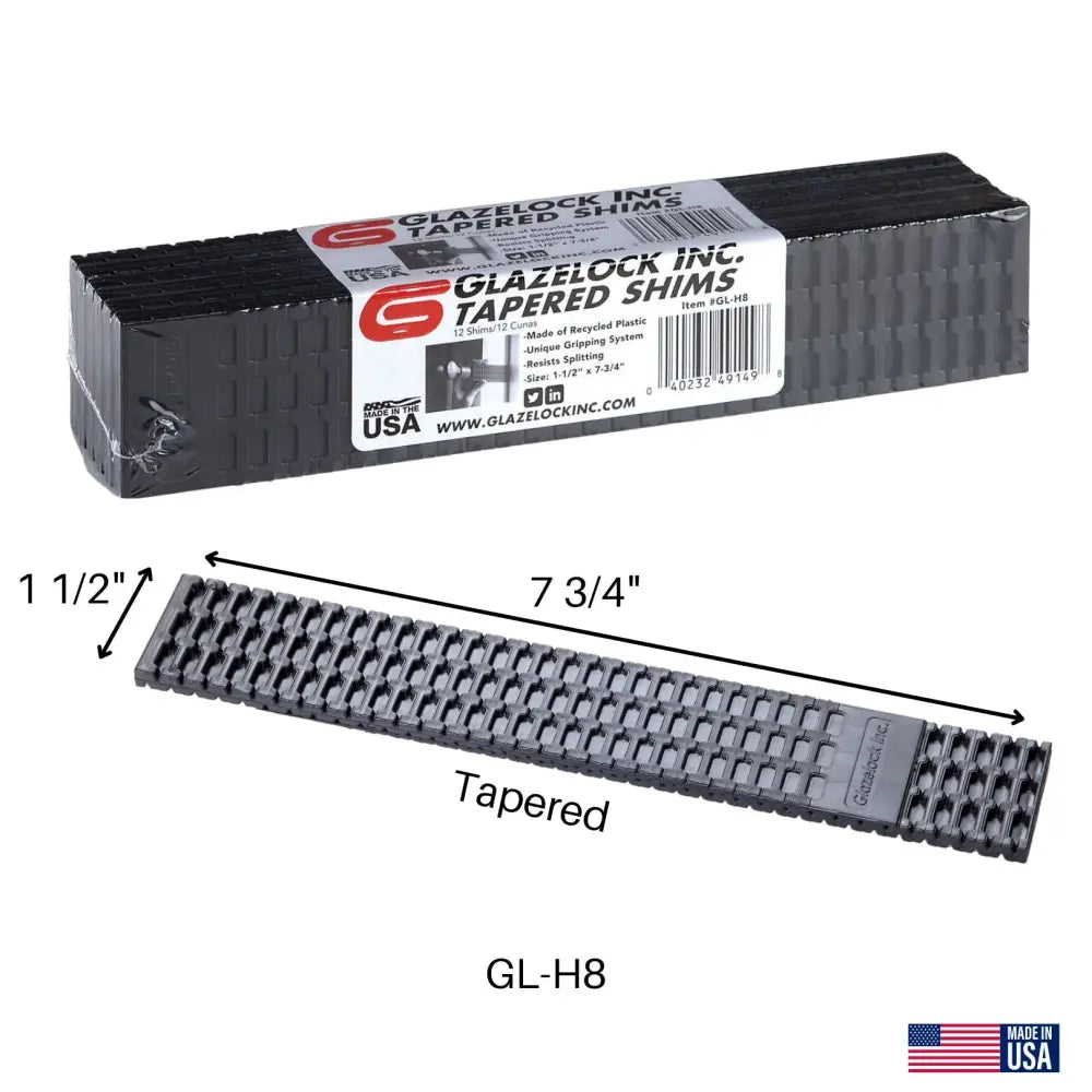Black tapered plastic glazelock shims in a boxed package labeled glazelock inc for wedge shim use