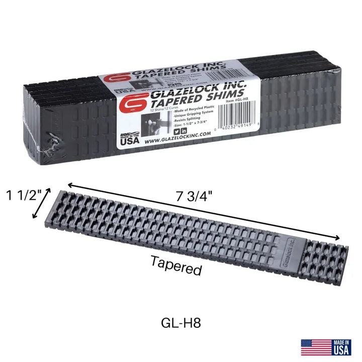 Black tapered plastic glazelock shims in a boxed package labeled glazelock inc for wedge shim use