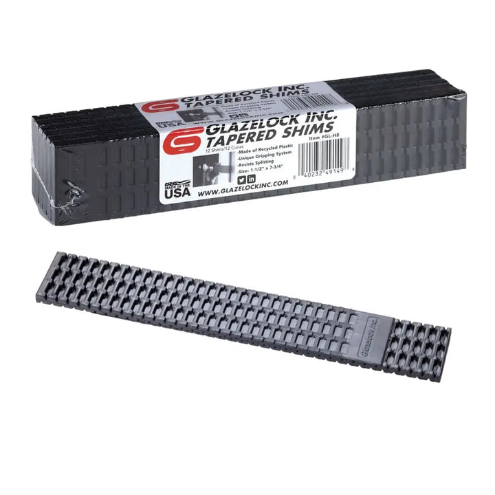Glazelock gl-h8 tapered wedge shims are black plastic shims with a textured grid surface measuring 1-1/2 by 7-3/4 inches