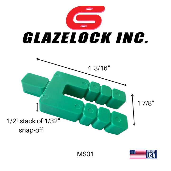 Glazelock green snap-off stackable horseshoe shim ms01 made of plastic for precise leveling and shimming tasks