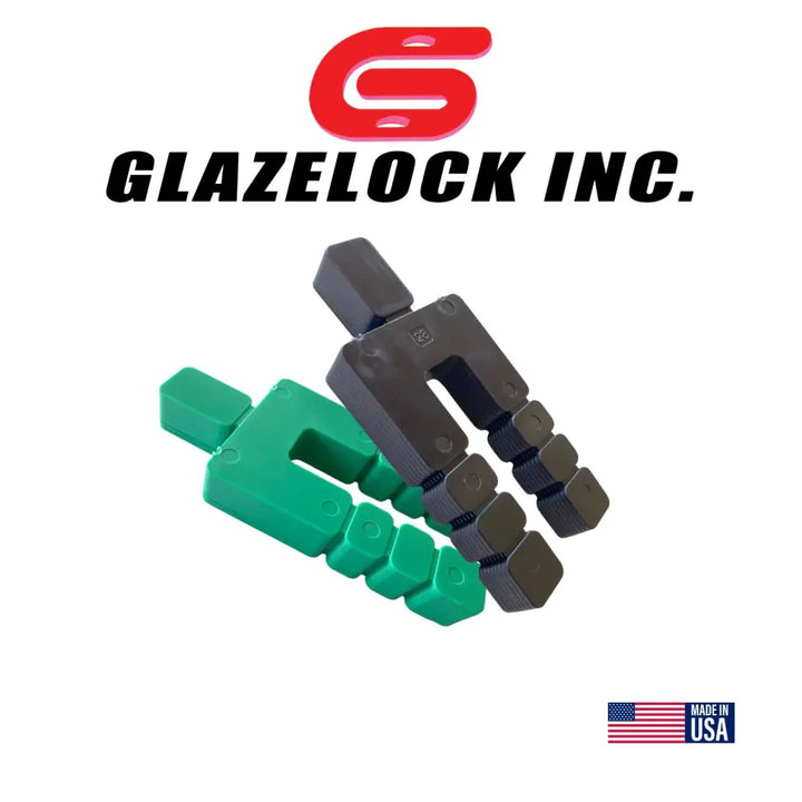 Glazelock green snap-off stackable horseshoe shims in plastic measuring 4-3/16 by 1-7/8 inches for precise spacing