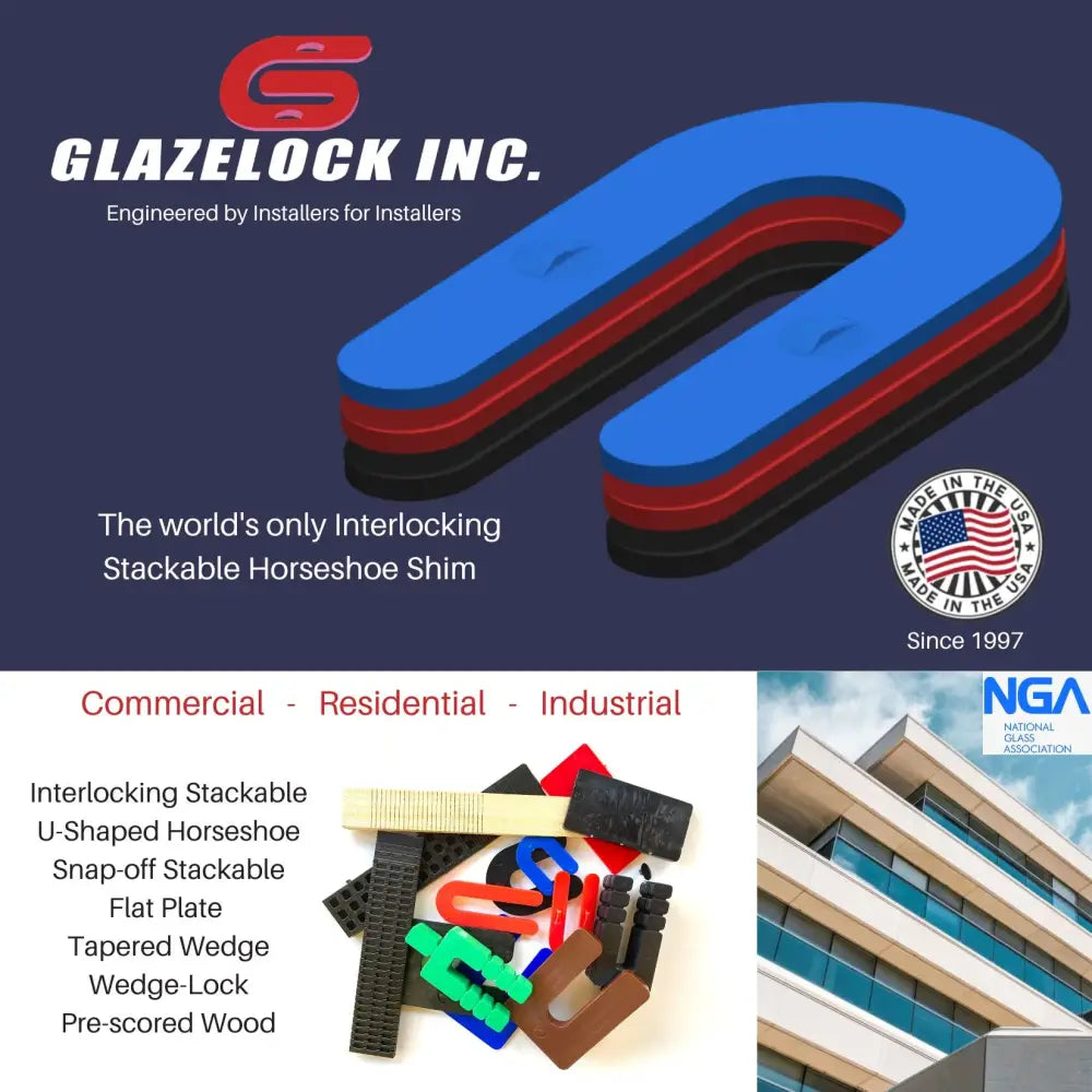 Blue red and black interlocking stackable glazelock shims for precise leveling and spacing in construction applications