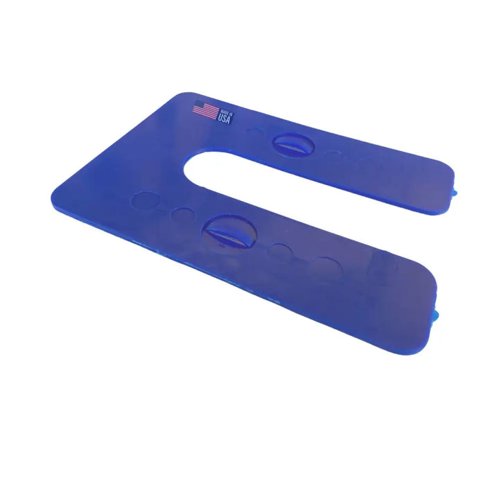 Blue plastic glazelock heavy-duty interlocking u shim with made in usa label and circular indentations