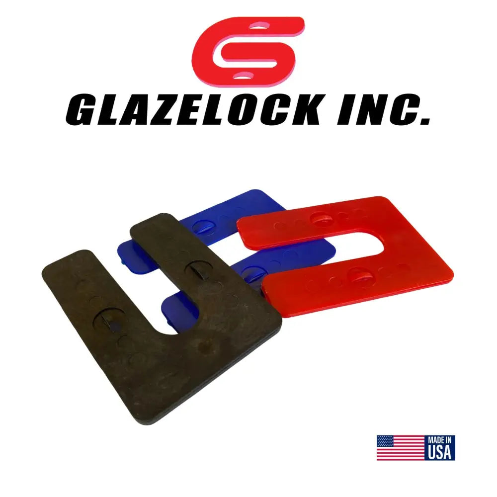 Red blue and black glazelock heavy-duty interlocking u shims made of plastic with 7/8 inch slot for construction use