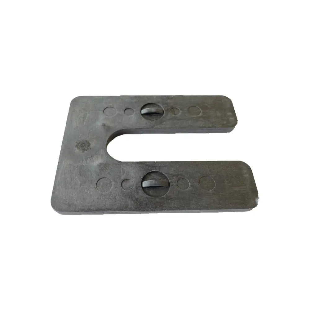Dark gray metallic glazelock heavy-duty interlocking u shims with circular indentations and central screw holes