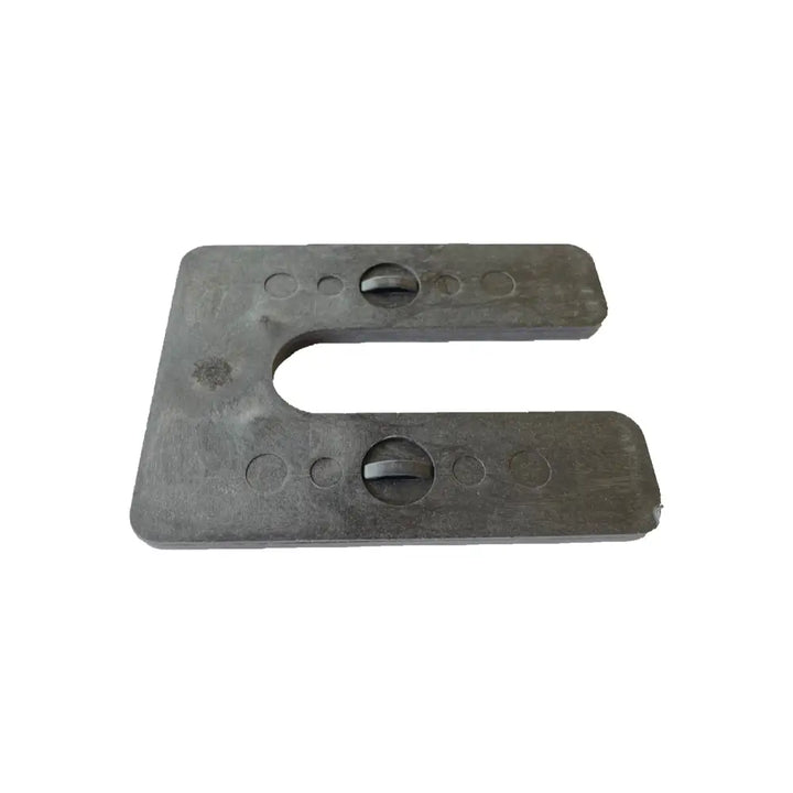 Dark gray metallic glazelock heavy-duty interlocking u shims with circular indentations and central screw holes
