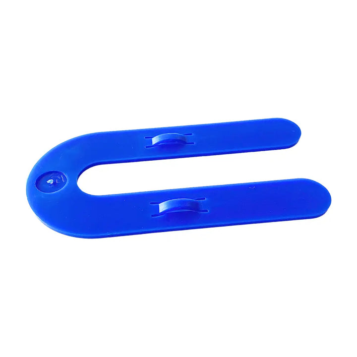 Bright blue plastic glazelock shims with u-shaped interlocking design and two small inner notches 3 by 1.5 inches