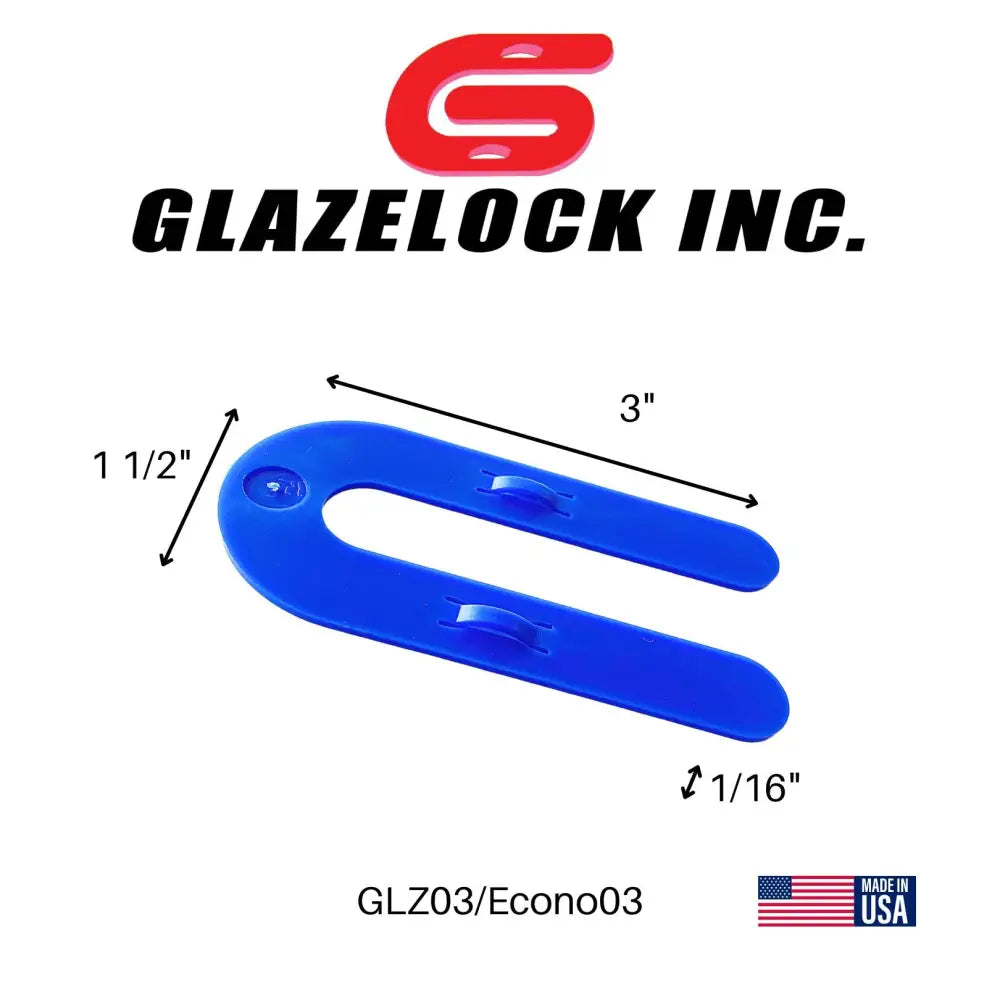 Blue plastic u-shaped glazelock shims with two small handles for interlocking 3 by 1.5 inch 1/2 inch slot use