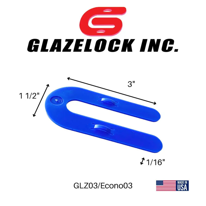 Blue plastic u-shaped glazelock shims with two small handles for interlocking 3 by 1.5 inch 1/2 inch slot use