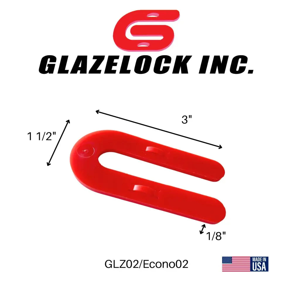 Red plastic u-shaped glazelock shims 3 by 1.5 inch with 0.5 inch slot for precise glazing alignment
