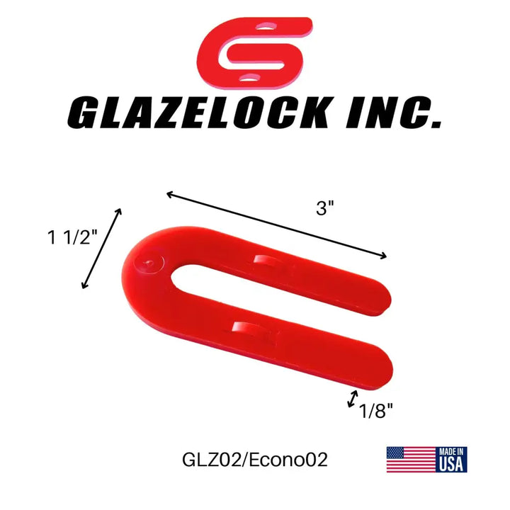 Red plastic u-shaped glazelock shims 3 by 1.5 inch with 0.5 inch slot for precise glazing alignment