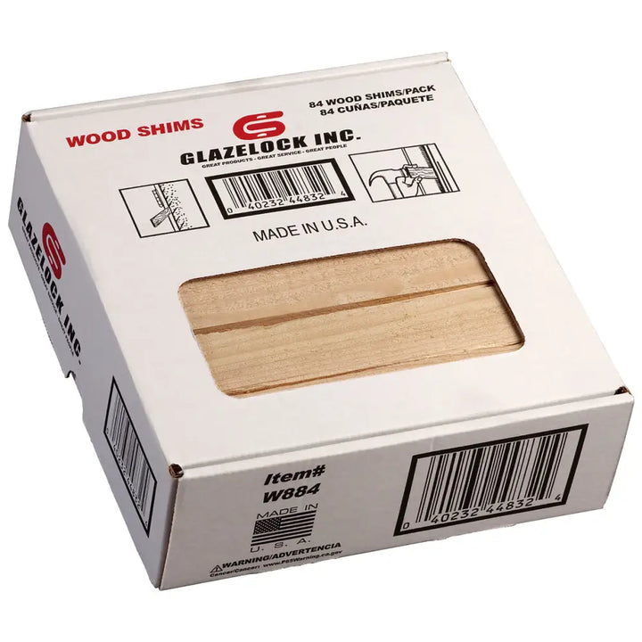 White cardboard box of glazelock shims containing natural pine pre-scored wood shims 8 x 1-1/4 x 3/8 inches