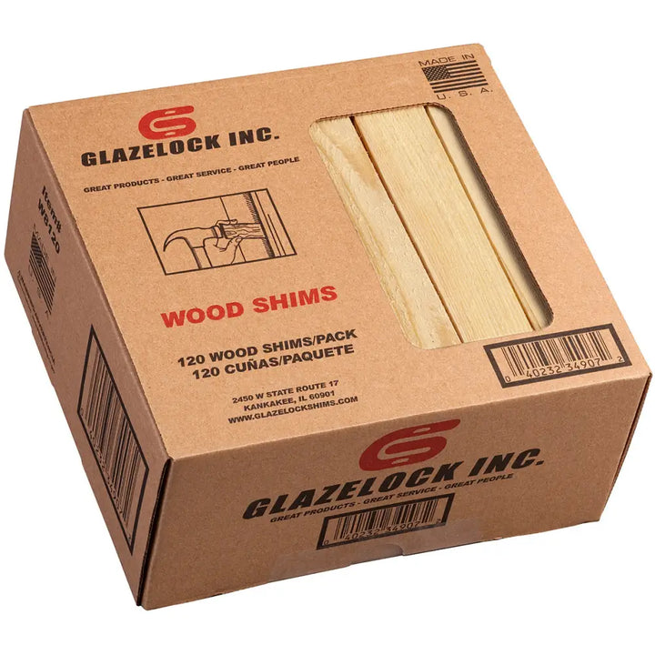 Brown cardboard box of glazelock shims containing 8 inch natural pine pre scored wood shims 1 1/4 inch by 3/8 inch