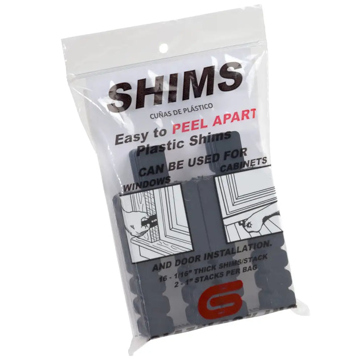 A package of gray plastic glazelock shims labeled easy to peel for cabinet window and door installations