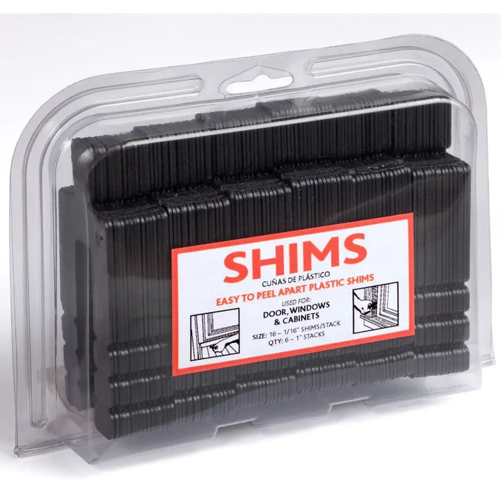 Glazelock shims black plastic snap-off stackable horseshoe shims 1-7/8 inch wide in a clear labeled package