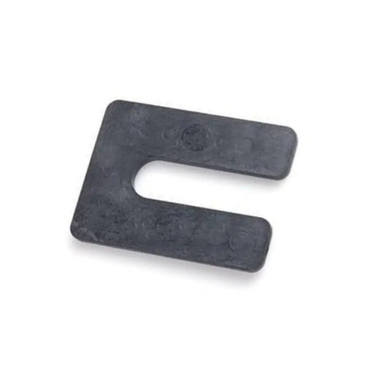 Black rubber u-shaped glazeLock shim with textured surface and embossed markings for 7/8 inch slot use