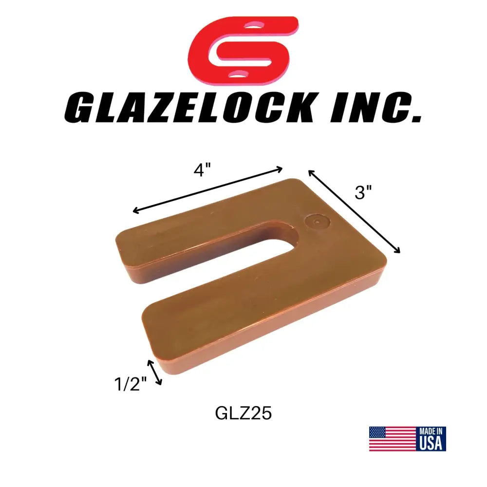 Brown u-shaped plastic glazelock shims 4x3 inches with 7/8 inch slot for precise leveling and spacing