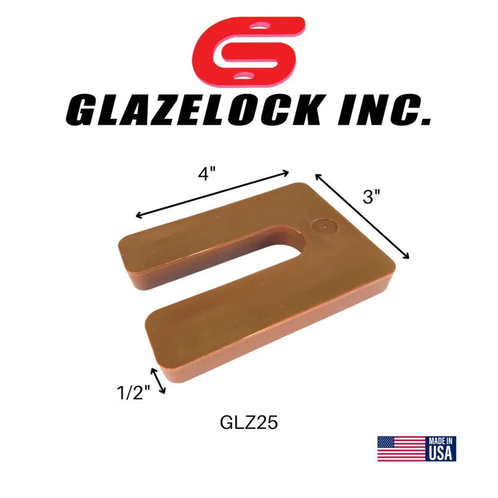 Brown u-shaped plastic glazelock shims 4x3 inches with 7/8 inch slot for precise leveling and spacing