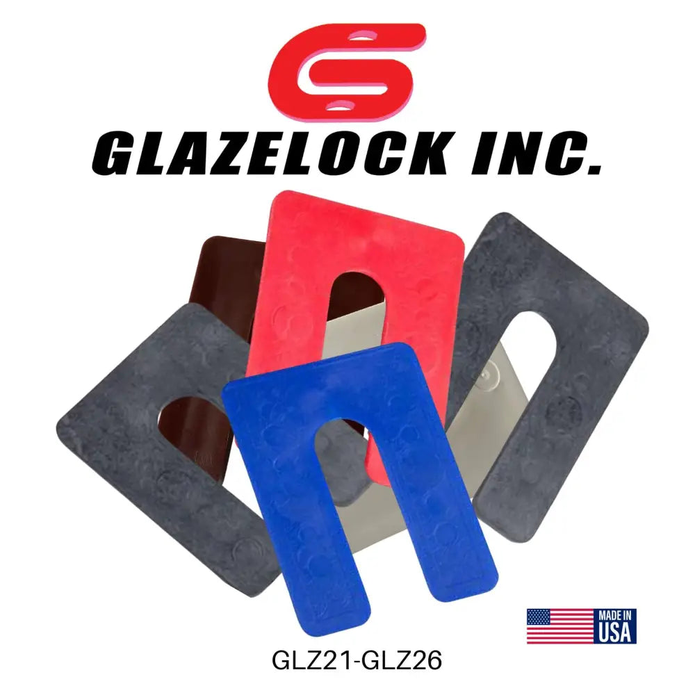 Assorted colorful plastic glazelock shims including square horseshoe shims 4x3 inches with 7/8 inch slot