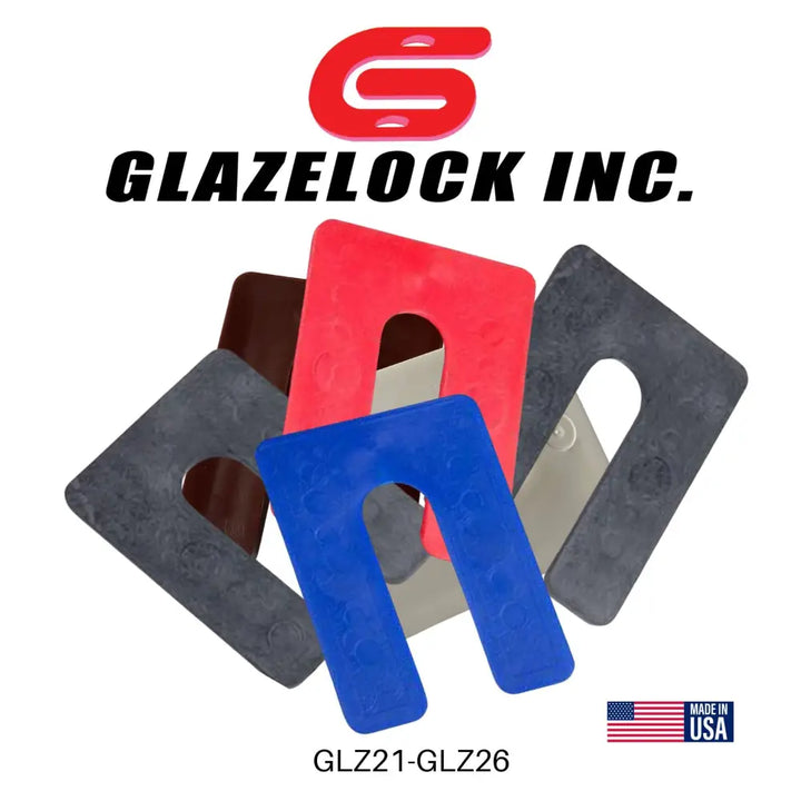 Assorted colorful plastic glazelock shims including square horseshoe shims 4x3 inches with 7/8 inch slot