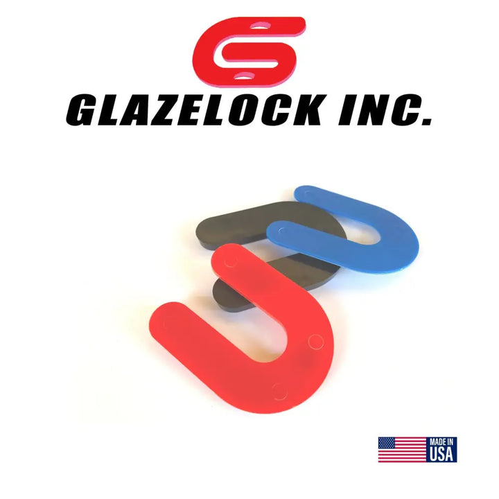 Glazelock shims u-shaped horseshoe plastic shims in red blue and black with 3 inch by 2 5/16 inch size and 3/4 inch slot