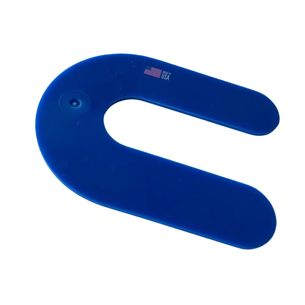 Blue u-shaped plastic glazelock shims with 3 by 2 5/16 inch size and made in usa label