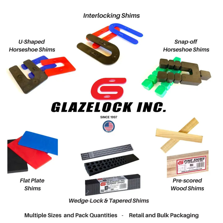 Image of glazelock shims including u-shaped interlocking snap-off flat plate wedge-lock tapered and pre-scored wood in multiple colors