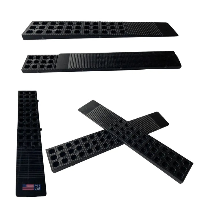 Black plastic glazelock shims with grid compartments and textured ridges in an 8 by 1-1/2 by 5/16 inch 288-pack