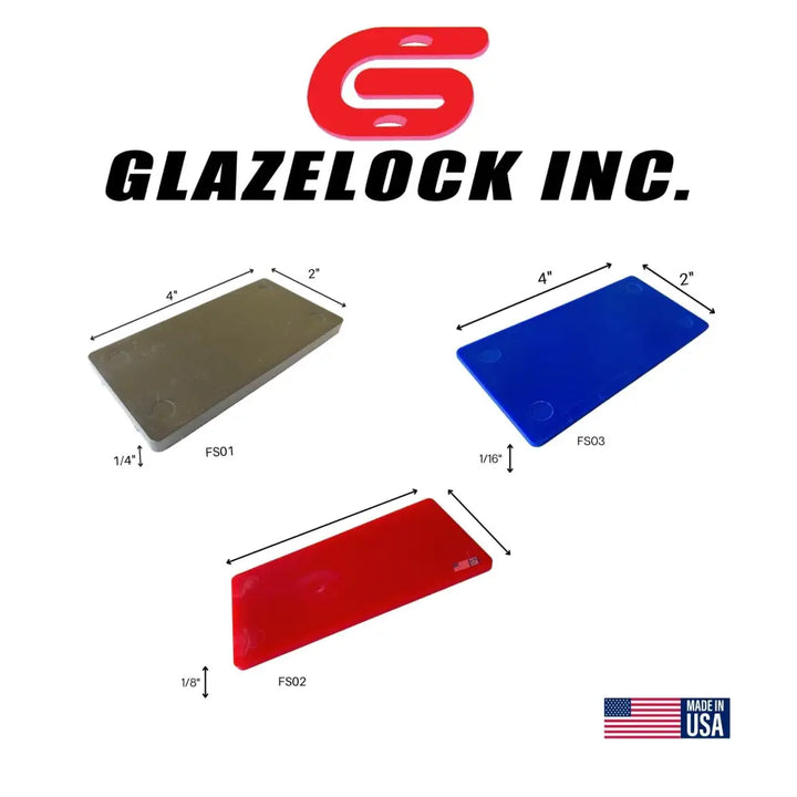 Three rectangular glazelock shims in multiple colors and thicknesses made of plastic for window and door installation