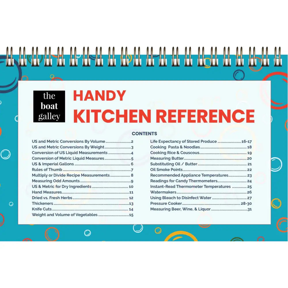 The handy kitchen reference spiral bound cheat sheet booklet has a turquoise cover with bold red typography and playful patterns