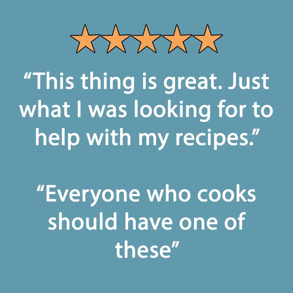 Five orange stars above a customer review praising the handy kitchen reference cooking cheat sheet booklet