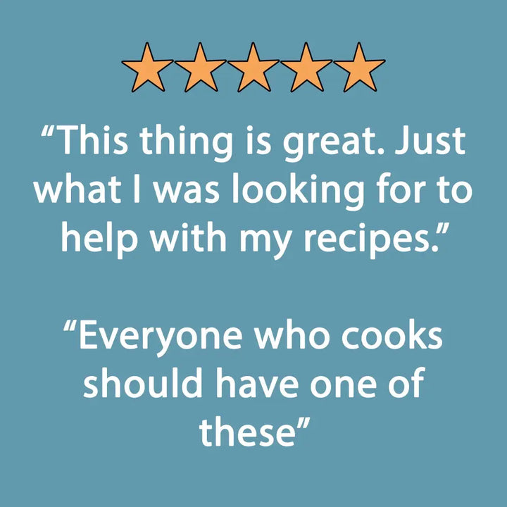 Five orange stars above a customer review praising the handy kitchen reference cooking cheat sheet booklet