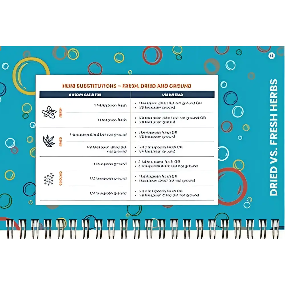 A turquoise spiral-bound handy kitchen reference planner with a colorful pattern and herb substitutions cheat sheet