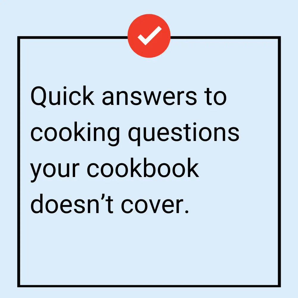 Red circular checkmark icon with white tick above black text on light blue background for handy kitchen reference cheat sheet