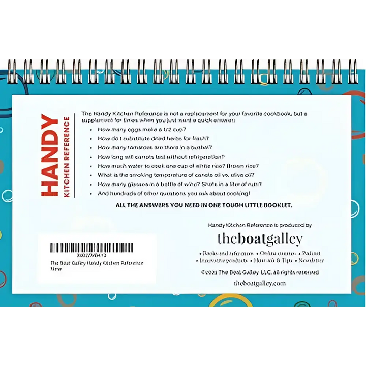 The handy kitchen reference cooking cheat sheet booklet is a spiral-bound teal and white kitchen guide with bold red text