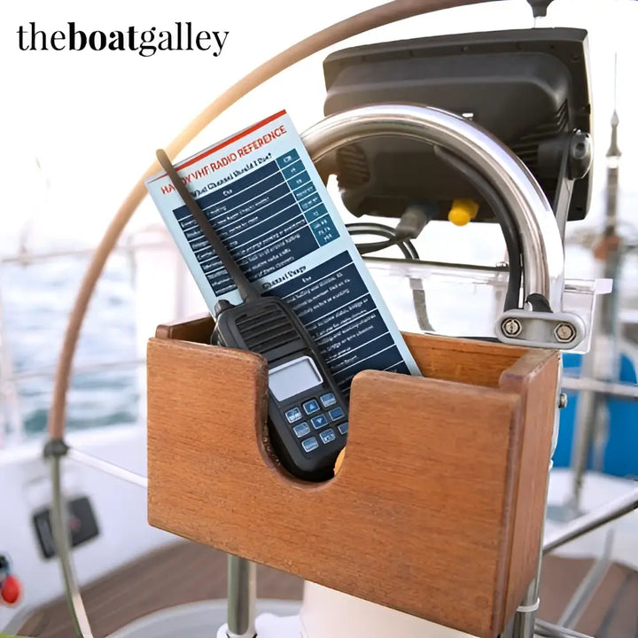 Black vhf radio with retractable antenna in wooden boat storage box for handy vhf radio cheat reference use