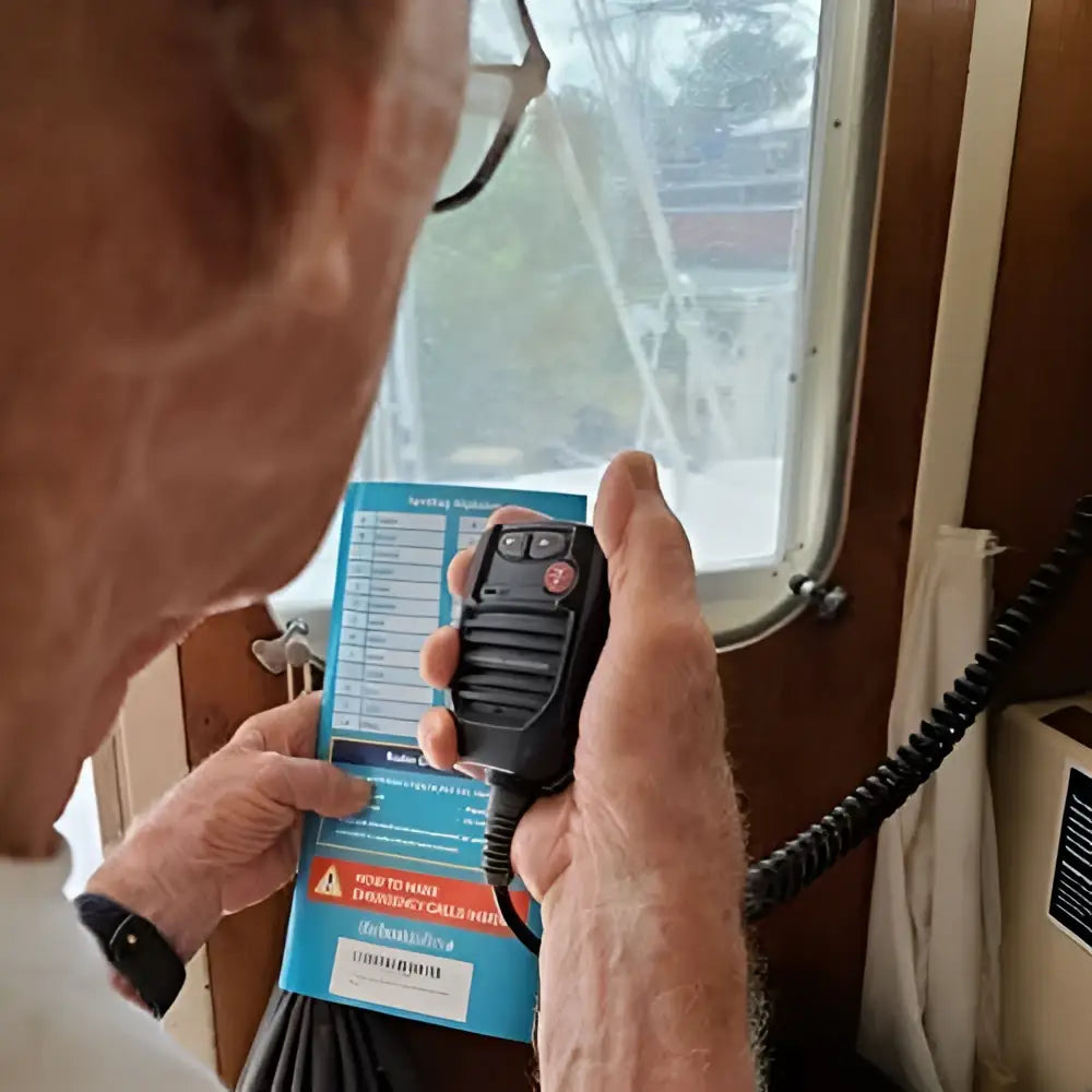 Black handheld vhf radio with textured grip and red button featured in handy vhf radio cheat reference guide