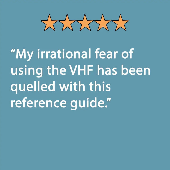 Five orange stars above a quote praising the handy vhf reference vhf radio cheat sheet guide product cover
