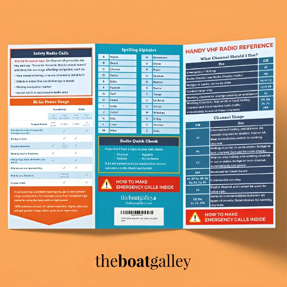Blue and white tri-fold handy vhf reference pamphlet with vhf radio cheat sheet on safety calls alphabet and emergency steps