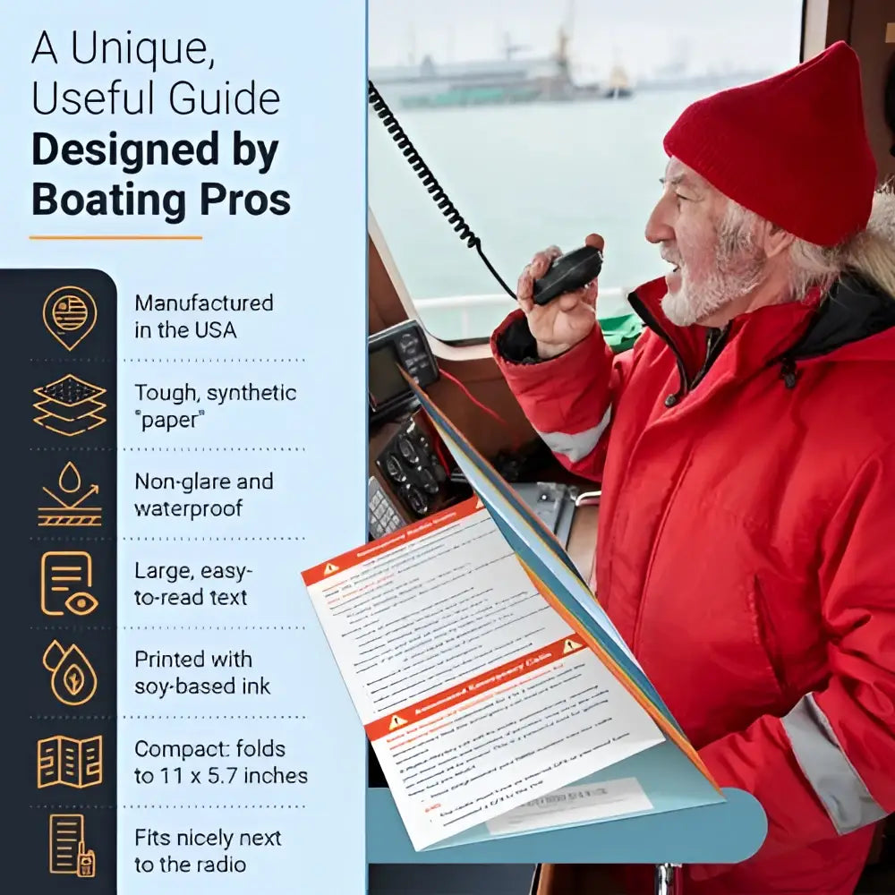 Handy vhf reference compact red and white vhf radio cheat sheet printed on tough synthetic paper with large text