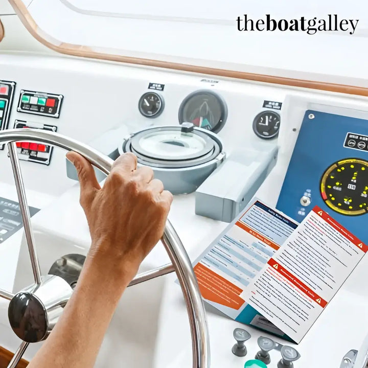 A hand gripping a polished chrome boat steering wheel on the handy vhf reference vhf radio cheat sheet helm