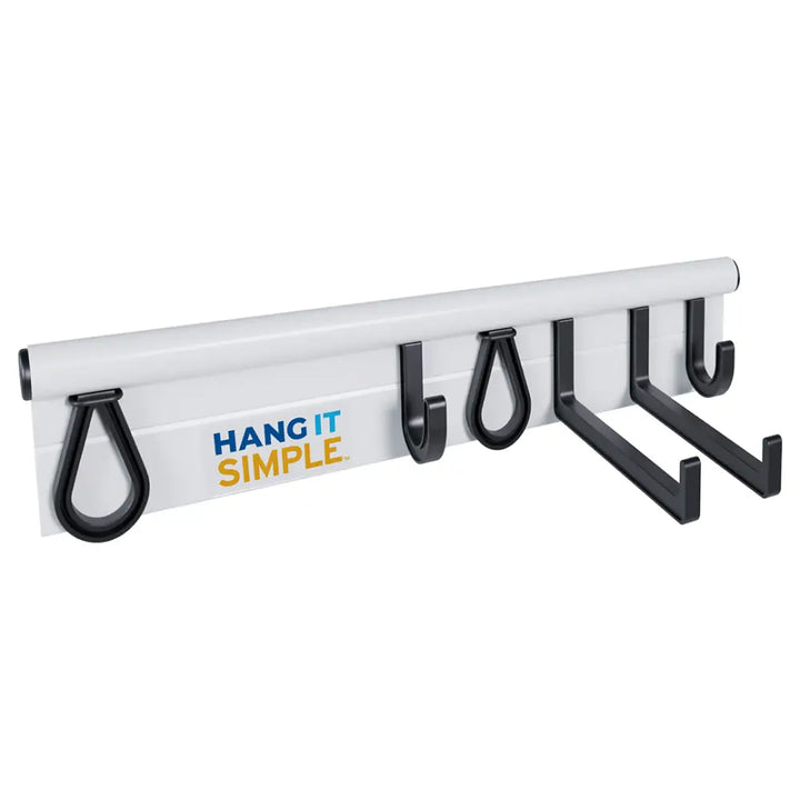 Hang it simple 18 inch wall-mount modular rail white and black storage hanger kit with multiple hooks for garage and closet