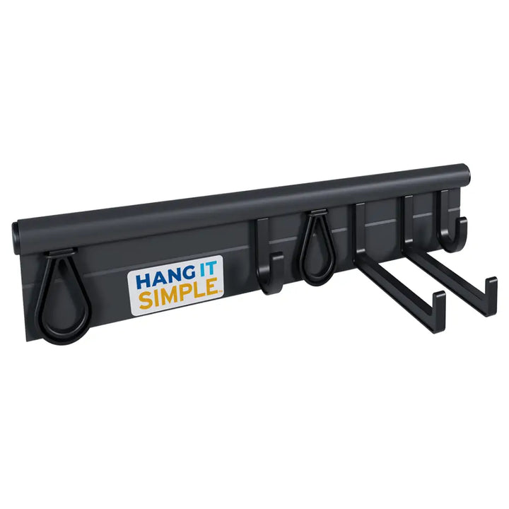 Black plastic wall-mounted coat rack with five hooks and hang it simple label for storage hanger kit use