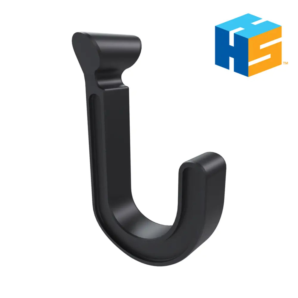 Black plastic u-shaped hook with a smooth, matte finish and rounded edges.