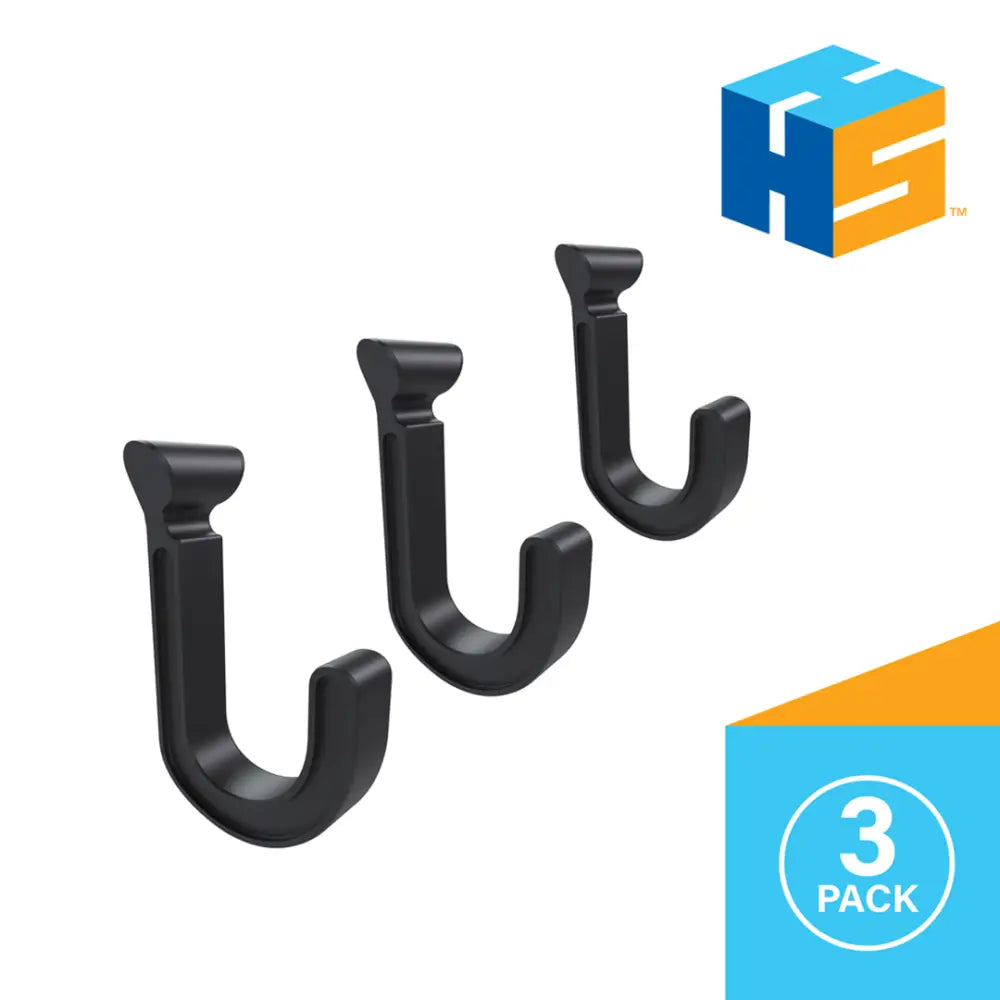 Set of three black plastic wall-mounted hooks hang it simple j hooks 3-pack add-on for storage and organization